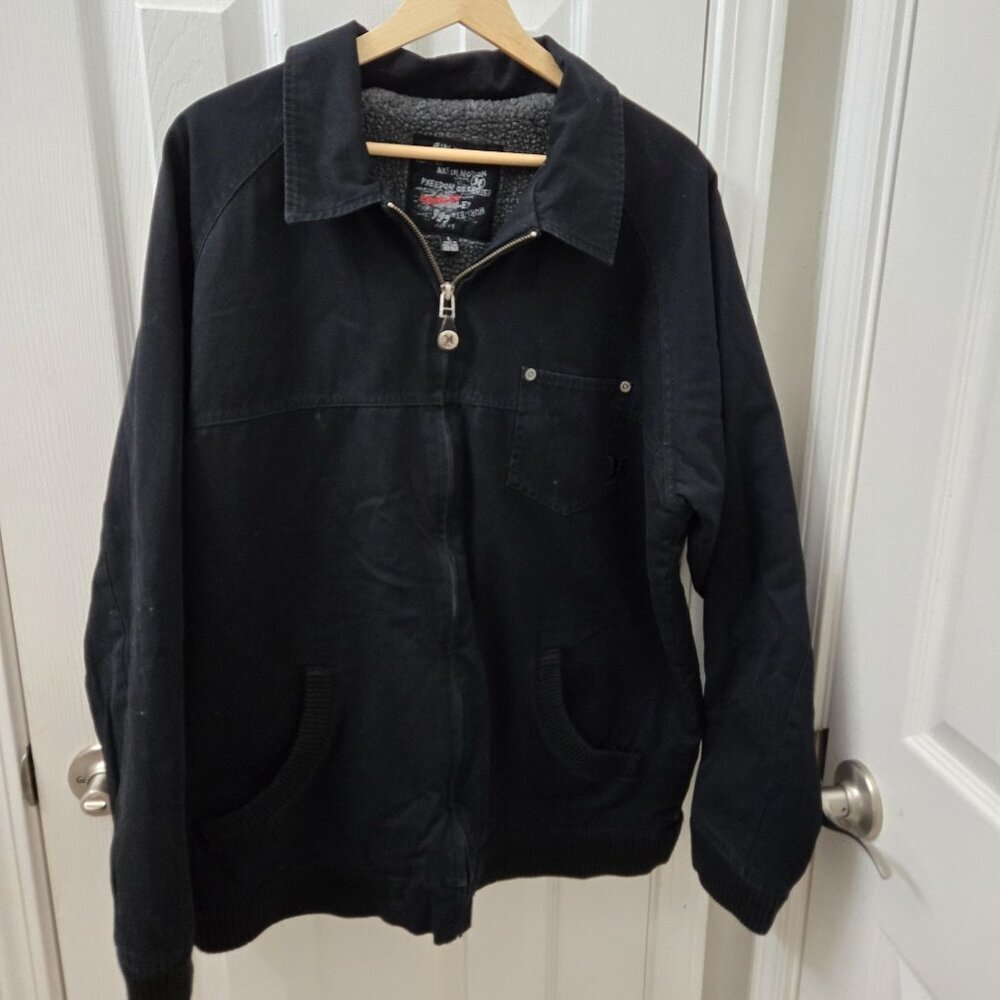 Vtg Hurley Jacket Size L‎ Black Canvas Fleece Lined Zip Front Pockets Cotton